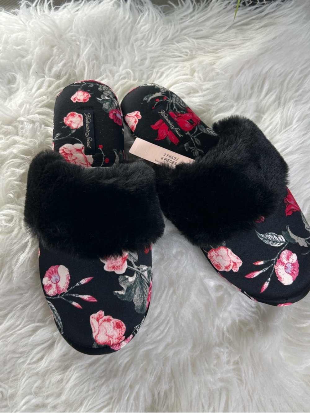 Victoria's Secret Size M 7/8 New Black Floral Slide Slippers with Pink Accents - Picture 2 of 7